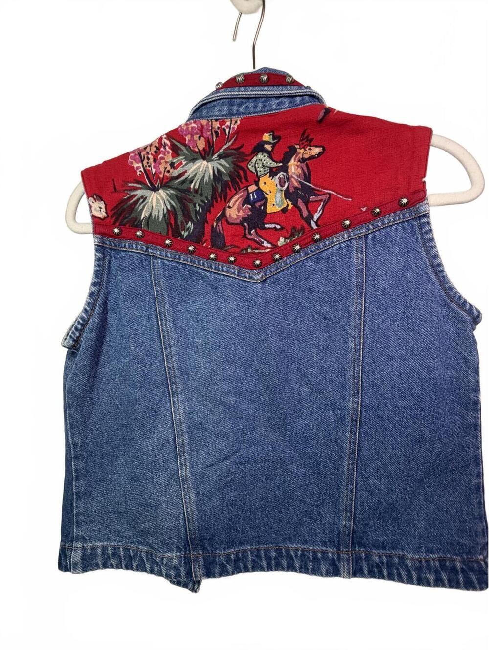 Vintage 90s Gordon & James Denim Western Vest Red Cowboy Print Size Small - Picture 7 of 7